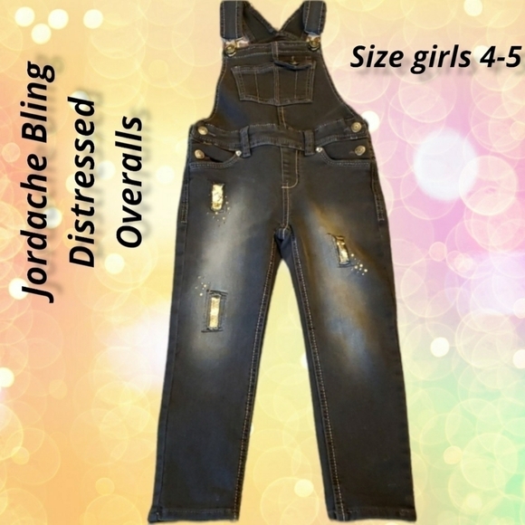Jordache Bling Distressed Overalls 4-5 Stretch EUC - Picture 1 of 9